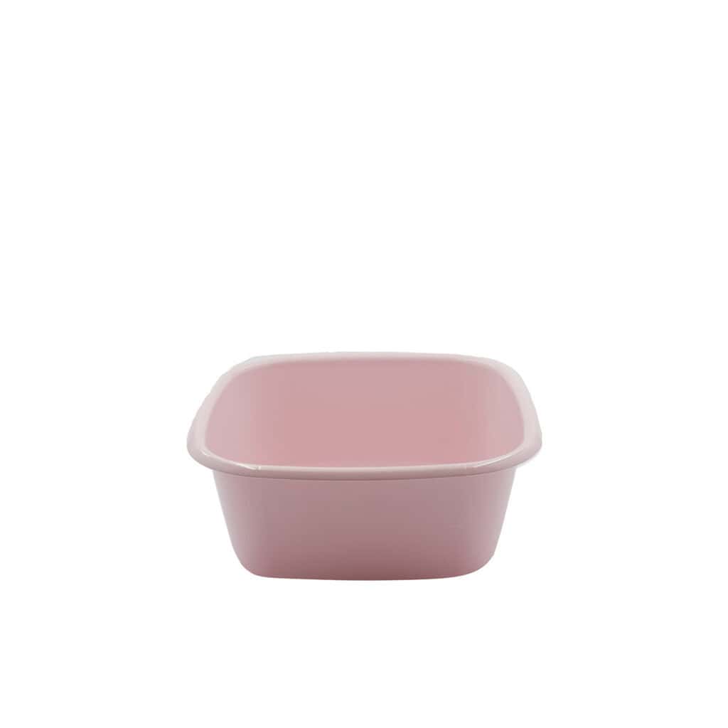 A pink square plastic bowl with a capacity of 14 litres, suitable for storing and preparing food. Durable and easy to clean, for household and professional use.
